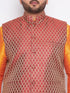 Vastramay Men's Plus Size Maroon Woven jacket And Orange kurta And Dhoti Set